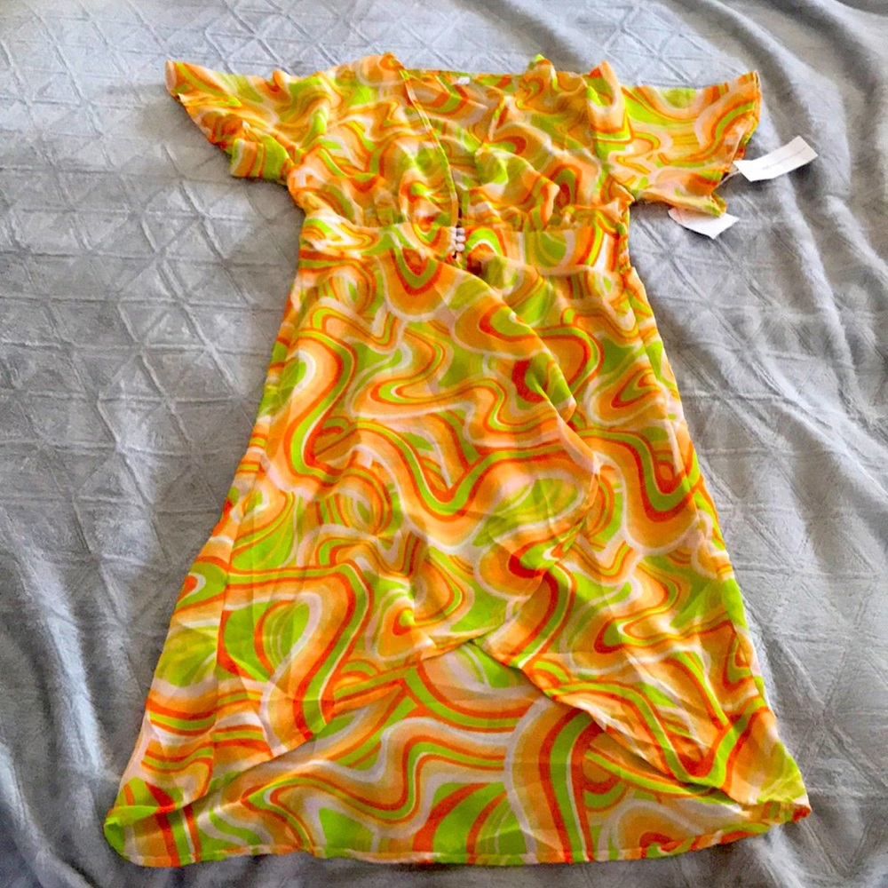 Swirly orange and green flow dress
